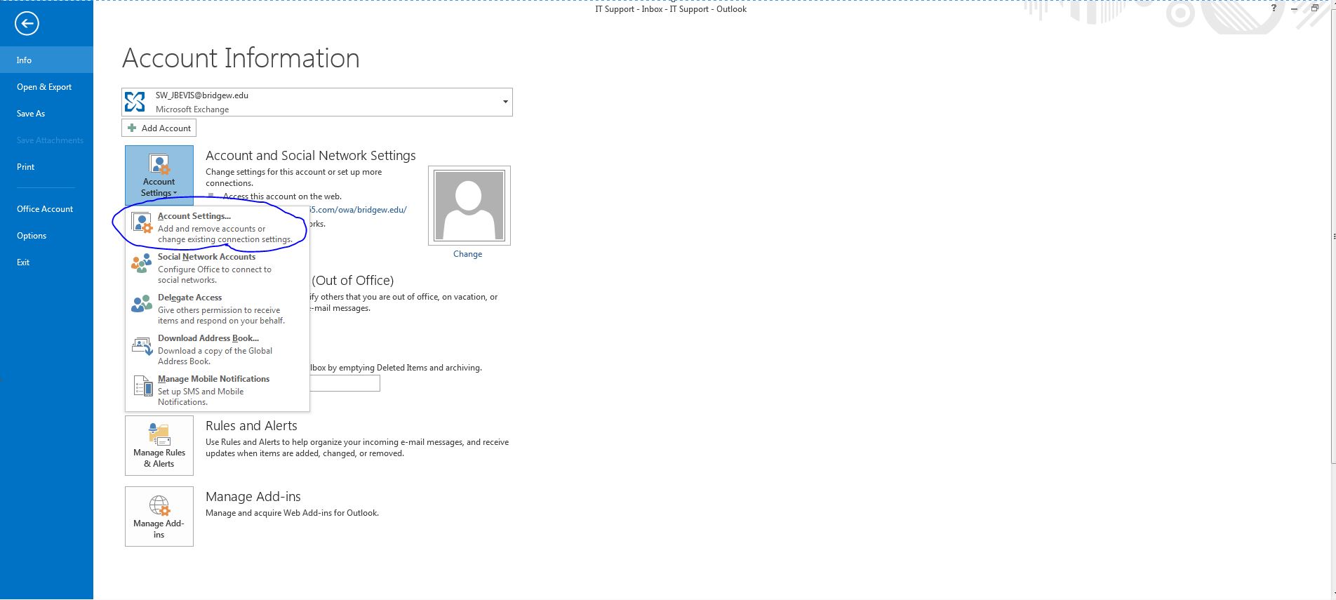 Account settings in the account information page